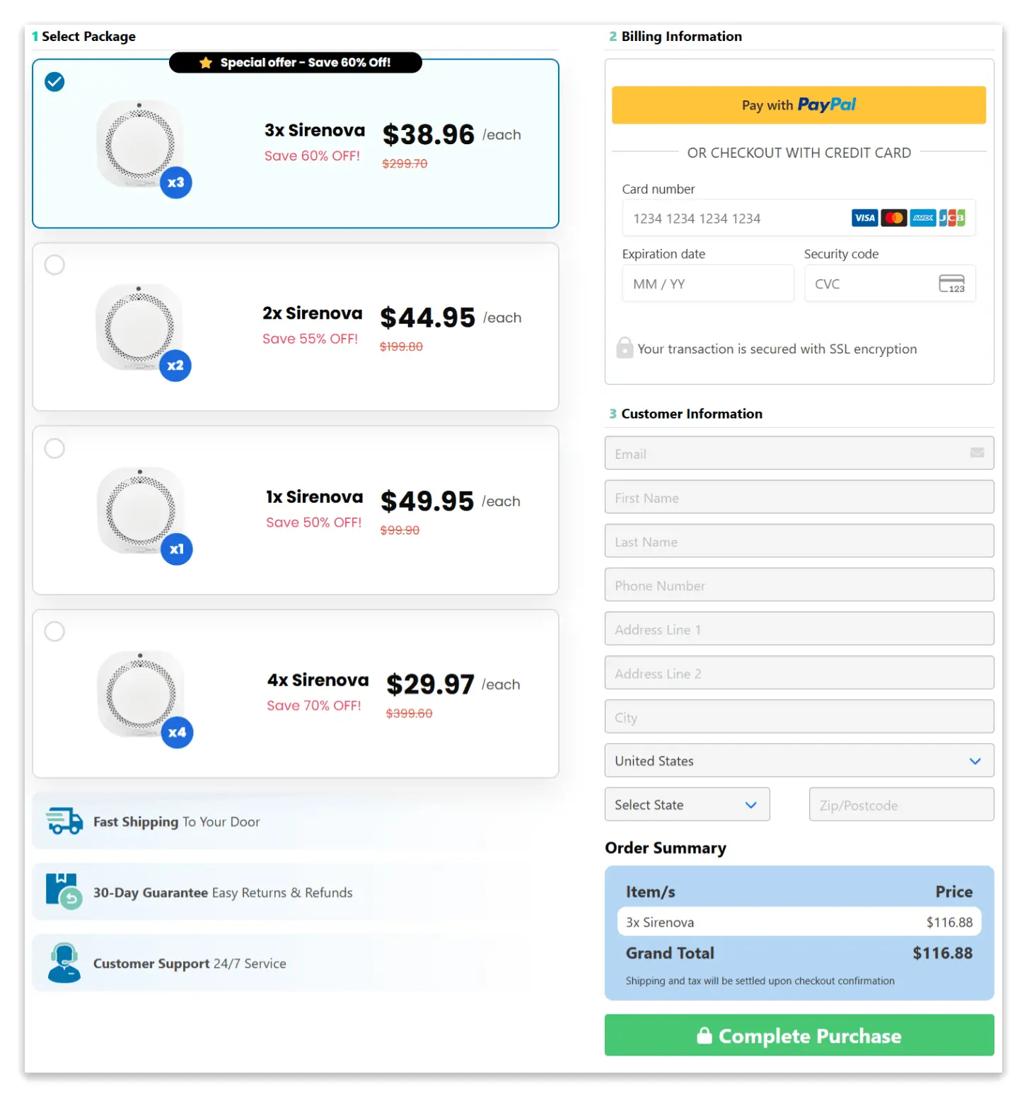 Sirenova Secure Checkout Page